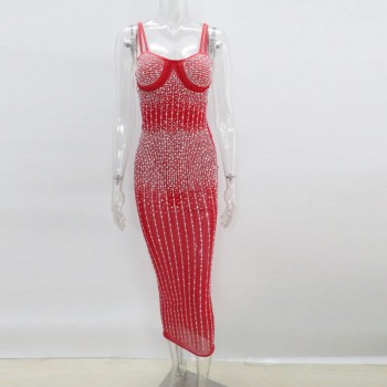  Sexy Sequin Glitter Crystal Midi Dress Vestido Women Sleeveless Strap Bodycon See Through